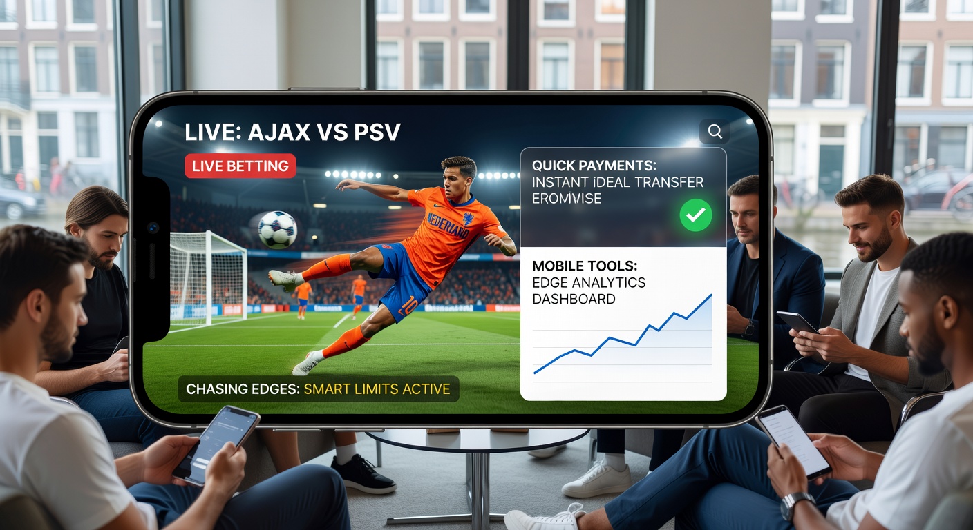 iDEAL-betaalscherm op een smartphone naast een live voetbalwedstrijdscore, met focus op directe uitbetaling