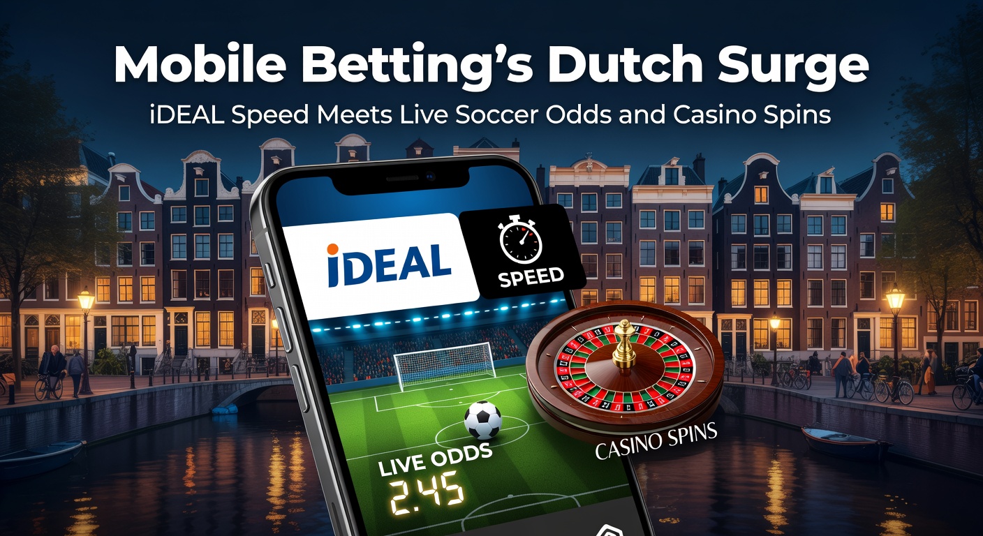 Smartphone met live voetbalweddenschap en iDEAL-betaalscherm op een Nederlands straatje, symboliserend de mobiele gokrage